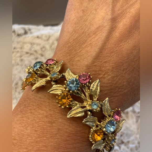 Vintage Pastel Rhinestone Gold-tone Bracelet 8” PINK BLUE YELLOW GORGEOUS - Picture 5 of 13